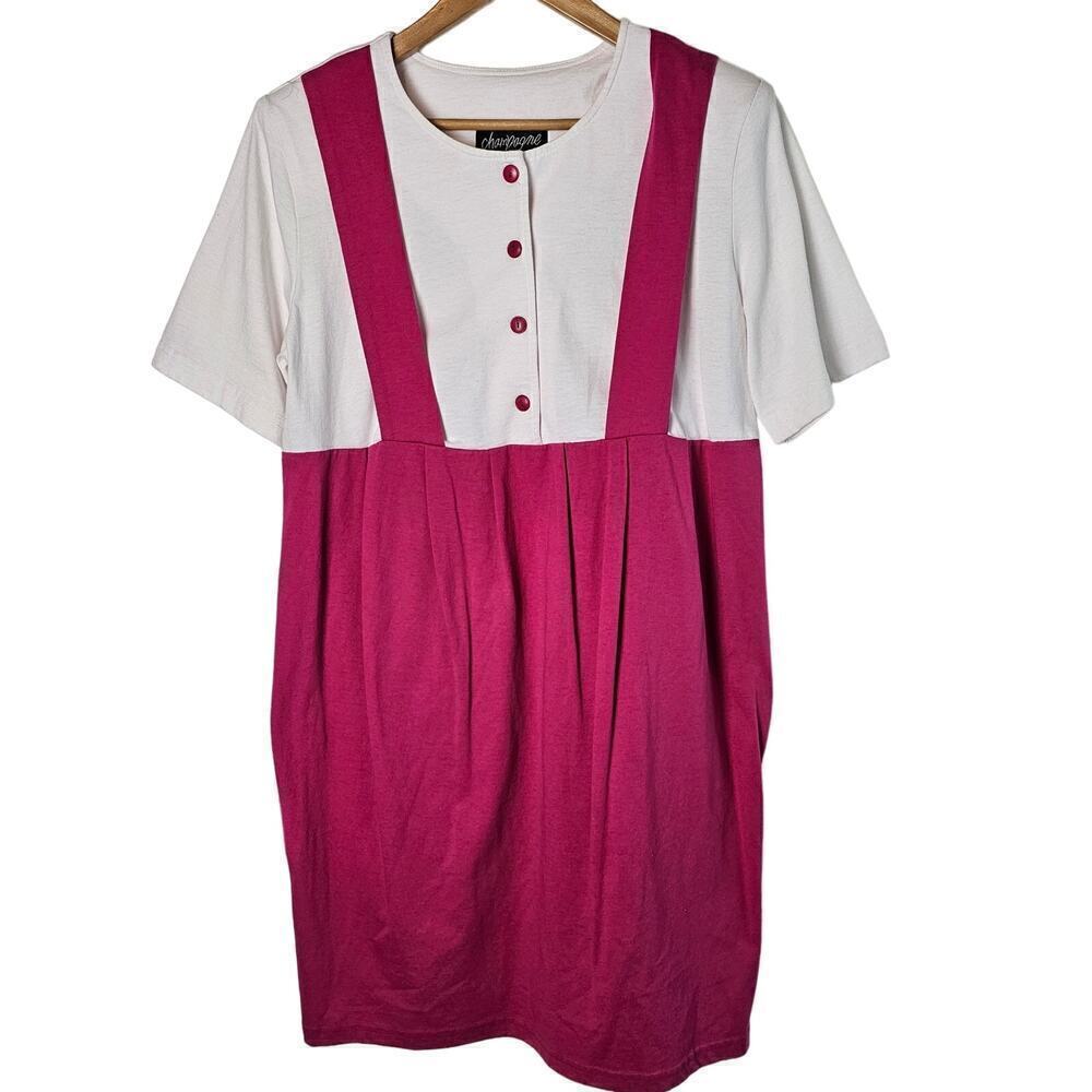 Vintage 80s T-Shirt Dress Womens Size Medium Pink White Jumper Pleated Pockets